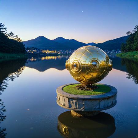 (designed by Hayao Miyazaki:0.7) and (Akira Toriyama:1.1) , anime key visual, Golden ratio, eye-level shot of a Robotic Welcoming ("We are all fools in love.":1.3) , from inside of a Aesthetic Quito, crowded lake and Perseid meteor in background, at Blue hour, FOV 90 degrees, Ultra Real, Flustered, Tonalism, Lens Flare, 80mm, Calotype, League of Legends Splash Art, gilded technique, Unsplash, most beautiful artwork in the world