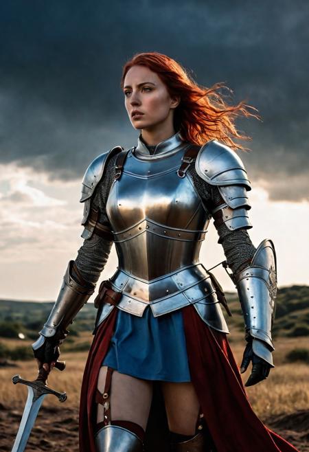 High resolution ultra-realistic of Beautiful Warrior Joan of Arc, 8k, capturing the intensity of the moment, cinematic lighting, standing on a bloody and stormy battlefield in bloody battle, wavy red hair, realistic dirty pale face, realistic blue eyes,  beautiful hourglass figure, burning in a medieval Town, intricately designed iron and silver armor, red mini skirt, Dark Ages Aesthetic, perfect athletic figure, beautiful Warrior Joan of Arc, fire, ultra realistic, cinematic style, vigorous and seductive, athletic figure, dark fantasy, dramatic lighting, wet and sweaty skin, dirty skin, athletic figure, dark fantasy, dramatic lighting, Greg Rutkowski style,, Warrior Joan of Arc on in iron armor, hyper-detailed, hyper-realistic, bright colours, Attractive 21 old years girl, Attractive, beautiful firm Breasts, sharp focus, digital painting, Photograph Taken on Nikon D750, Alphonse Mucha, 8K, athletic figure, Hyperdetailed, hyperrealism, Attractive, Attractive bust girl, asymmetric balance