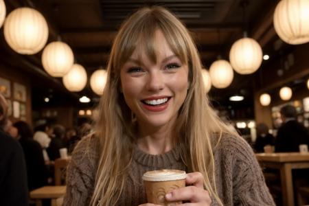 <lora:Taysway_V5-10:0.8> Taysway, Beautiful woman, smile, long blonde hair, fringe, inside tokyo noodle bar background, coffee, close up, RAW photo, dark shadows, cinematic, wearing wooly jumper, (cosy:1.2)