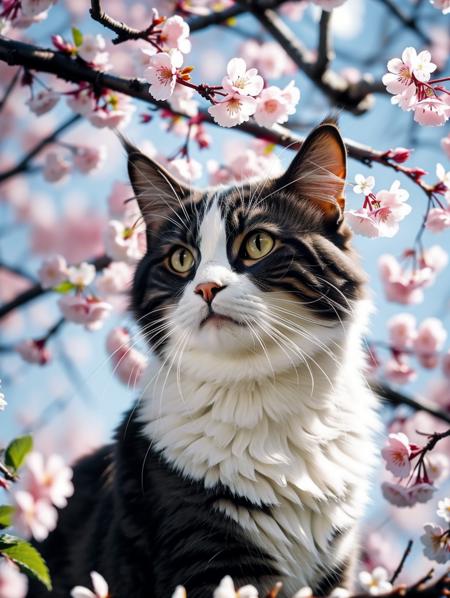 AP,no humans,animal focus,cat,cherry blossoms,blurry,realistic,animal,branch,blurry background,depth of field,whiskers,flower,