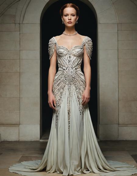 Renaissance style <lora:Alexander McQueen-art deco:1>,Alexander McQueen,art deco,dress,standing, full body,, hair, forehead, eyebrows, eyes, nose, lips, neck, collarbone, . Realistic, perspective, light and shadow, religious or mythological themes, highly detailed