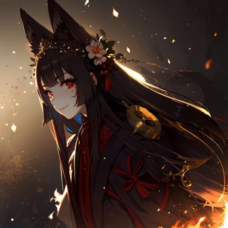 masterpiece,best quality,highres,1girl,<lora:shadowverseGinsetsu_v1:0.75>,1girl, mask, blue_fire, fire, glowing, glowing_eyes, hair_ornament, japanese_clothes, kimono, long_hair, wide_sleeves,(monochrome:1.1),smile,portrait,straight-on,facing viewer,looking at viewer,(perfectly extremely finely detailed cleary and sharp glowing red eyes:1.3),(shaded face:1.2),red topwear,purple skirt,reborn,evolved