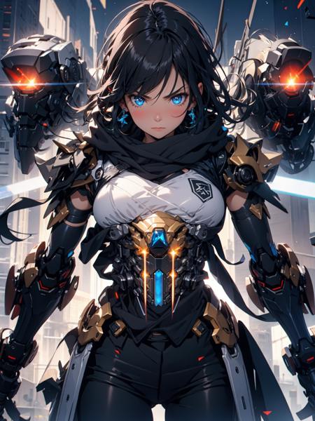 1girl,black hair,blue eyes,looking at viewer,Angry,Crystal Drop Earrings,solo,jewelry,weapon,long hair,robot,cowboy shot,pants,bangs,science fiction,gloves,medium breasts,scarf,elbow gloves,blush,black pants,holding,v-shaped eyebrows,closed mouth,armor,building,standing,glowing,city,mecha,sword,mechanical arms,black gloves,<lora:MG_jijia:0.56>,