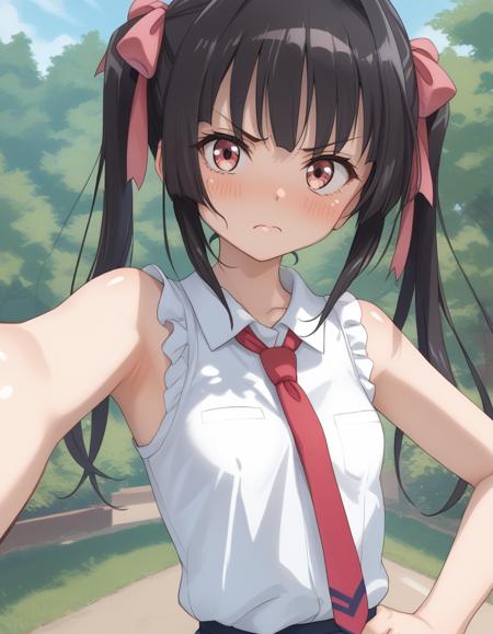 tsukuyomi_shirabe (fujikawa_daichi), black hair, twintails, long hair, shiny skin, pink hair ribbon, pink eyes, small breasts,  necktie, ribbon, white sleeveless shirt,skirt navel, denim shorts, clothes lift, lifted by self, denim, dress, short shorts, dress lift underwear, small breasts, panties, breasts, pink china dress, chinese clothes, barefoot, covered navel, bra, cleavage cutout, cleavage