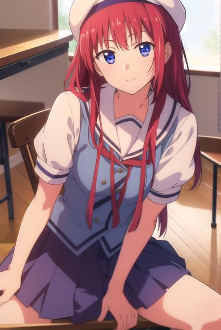 kotorishirakawa, <lora:kotorishirakawatest:1>,
kotori shirakawa, long hair, blue eyes, red hair,  (small breast:1.2),
BREAK skirt, hat, school uniform, short sleeves, socks, puffy sleeves, puffy short sleeves, beret,
BREAK looking at viewer,
BREAK indoors, classroom, 
BREAK <lora:GoodHands-vanilla:1>, (masterpiece:1.2), best quality, high resolution, unity 8k wallpaper, (illustration:0.8), (beautiful detailed eyes:1.6), extremely detailed face, perfect lighting, extremely detailed CG, (perfect hands, perfect anatomy),