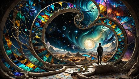 desolate but beautiful stained glass landscape in a spiraled universe, glass shards <lora:hyperkraximalism_v1-1:0.5>  <lora:SDXLFaeTastic2400:0.5>