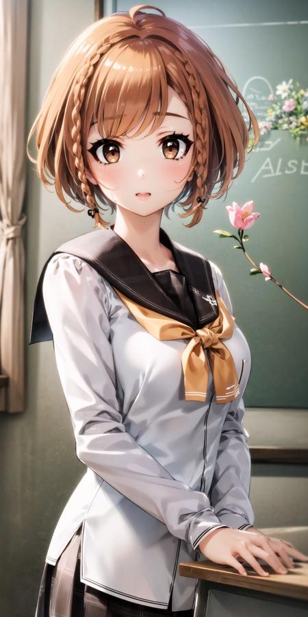 (masterpiece:1.3), (best quality:1.1), ((1girl)), ((solo)), (finely detailed eyes and detailed face:1.3), (beautiful and clear background:1.2), (extremely detailed CG, ultra-detailed, best shadow:1.1), ((depth of field)), ((watercolor)), (school uniform:1.3), large breasts, bare shoulders, flowers and petals, beautiful concept illustration, (white background:0.5), (illustration:1.1), (extremely fine and beautiful:1.1), (perfect details:1.1), from side, cowboy shot, kusakabe korona<lora:korona-000020:1>