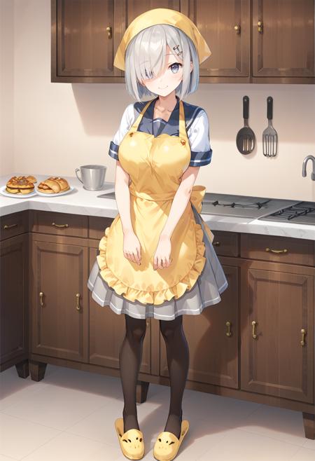 hamakazekc, grey hair, hairpin, short hair, bangs, hair over one eye, blue eyes hamakazedefkc, serafuku, white shirt, blue sailor collar, yellow neckerchief, short sleeves, buttons,  grey skirt,  pleated skirt, miniskirt, brown pantyhose, black loafers hamakazeyukatakc, white yukata, print kimono, hair flower, long sleeves, wide sleeves, obi, sash, sandals hamakazedefkc, serafuku, white shirt, grey skirt, miniskirt, yellow apron, head scarf, short sleeves, brown pantyhose