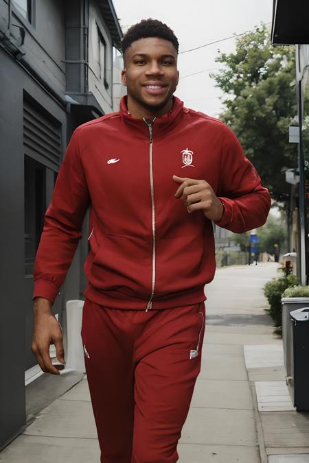 GiannisAntetokounmpo, photo of a man, running in a red tracksuit, intricate, elegant, sharp focus, photo by greg rutkowski, soft lighting, vibrant colors, (masterpiece), ((streets)), (detailed face), looking at viewer, light smile <lora:GiannisAntetokounmpoLora:1>