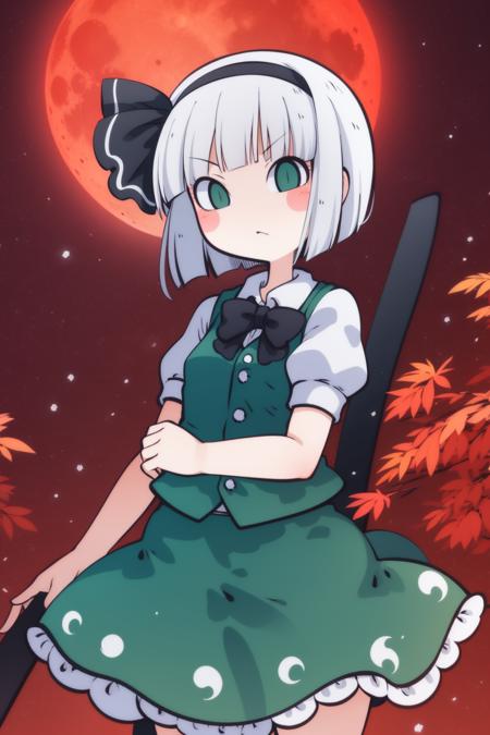 cha, 1girl, chibi, (konpaku youmu:1.2), (cowboy shot:1.2), red leaves, (red moon, red sky), night, moon ray, (snowy field), (atmospheric lighting:1.1), moonrays