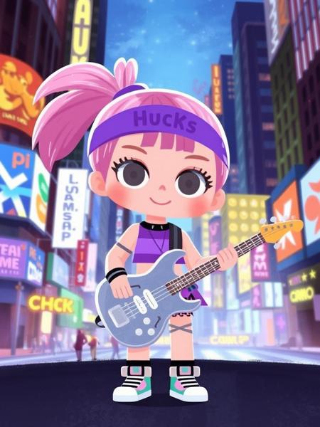AMELICART. masterpiece, best quality,high detailed. This digitally rendered artwork shows a stylized, chibi cartoonish girl with fair skin and pink hair tied in a high ponytail, wearing a purple headband reading "Hucks." She has large, blue eyes, freckles, and is dressed in a punk-rock inspired outfit with a purple crop top, high-waisted shorts featuring geometric patterns, and colorful sneakers. She holds a silver electric bass guitar with confidence. The background is an urban cityscape at night, dotted with colorful, glowing lights and billboards, adding a vibrant, futuristic feel to the scene.