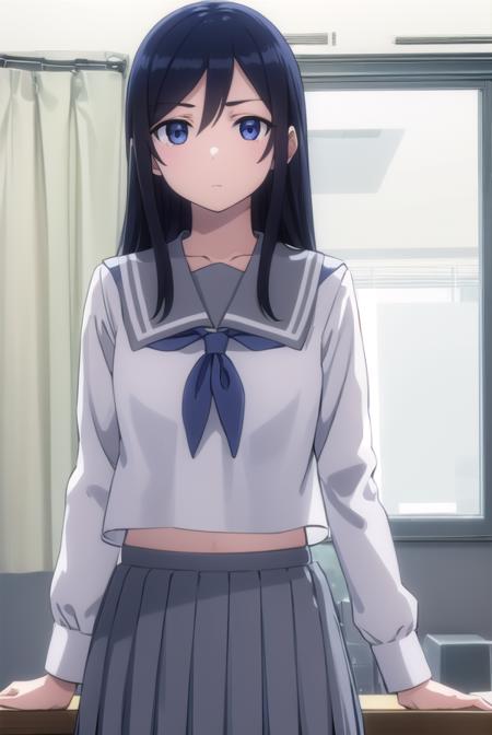 ayasearagaki, <lora:ayase aragaki s2-lora-nochekaiser:1>,
ayase aragaki, long hair, blue eyes, black hair, hair between eyes,
BREAK skirt, school uniform, serafuku, shirt, white shirt, grey sailor collar, grey skirt, pleated skirt,
BREAK indoors, classroom,
BREAK looking at viewer, (cowboy shot:1.5),
BREAK <lyco:GoodHands-beta2:1>, (masterpiece:1.2), best quality, high resolution, unity 8k wallpaper, (illustration:0.8), (beautiful detailed eyes:1.6), extremely detailed face, perfect lighting, extremely detailed CG, (perfect hands, perfect anatomy),