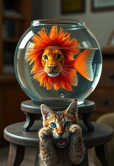 "Create a photorealistic image of a miniature lion with a majestic mane, but with the body of a vibrant orange fish, complete with scales and fins, swimming in a glass fishbowl. The lionfish's whiskers and nose are still intact, and its eyes gleam with a fierce inner light. Below the stand, a domestic cat peeks out from the shadows, its top half visible as it cautiously observes the lionfish. The cat's eyes are wide with a mix of fear and fascination. The cat's mouth is wide open in mid scream as if it is in utter shock and it's paws are holding the sides of it's head as if it can't believe what it saw. The fishbowl is placed on a worn, wooden stand, with subtle textures and reflections adding depth to the scene. The background is a warm, cozy room with soft lighting, highlighting the surreal and fantastical nature of the lionfish." Octane render, Highest-Quality, 8 k, intricate details, visually stunning, Masterpiece