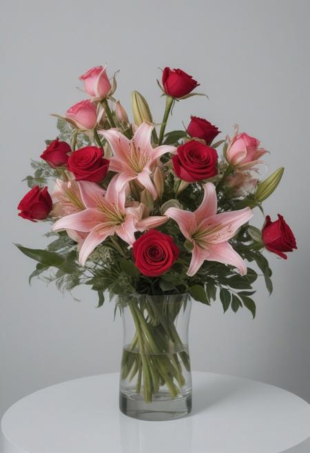 Bouquet of red roses and pink roses and lily flowers placed in a transparent vase in which we see the stems of the flowers, very realistic photography