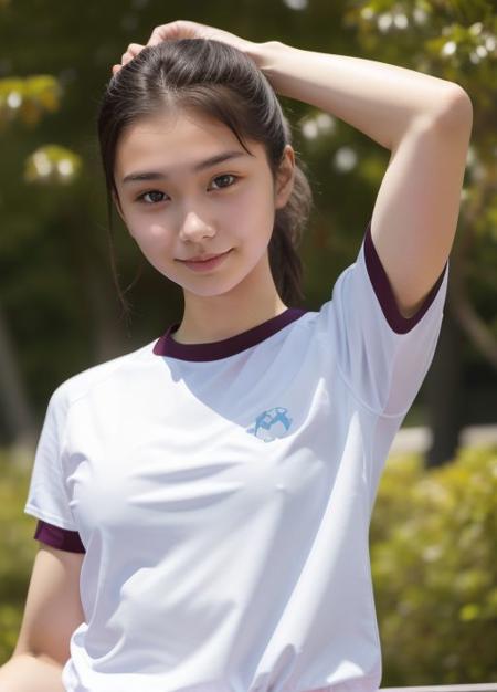 1girl, shirt, solo, gym uniform, realistic, white shirt, buruma