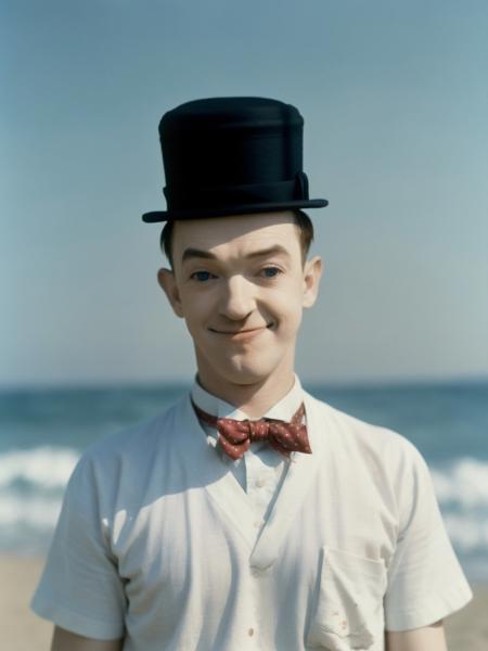 <lora:laurel and hardy-v1.0c:1> laurel hat, colorized, posing at the beach, wearing a white t-shirt, realistic, film grain, sharp, bokeh, uhd