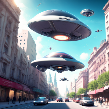 photo, an artist's rendering of a flying saucer over a city street (HoverCar style:1) <lora:djzHoverCarV21:1>