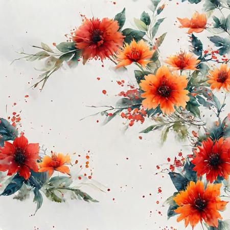 watercolor (mix colors) flowers, corner frame, 75% free space in center, white background