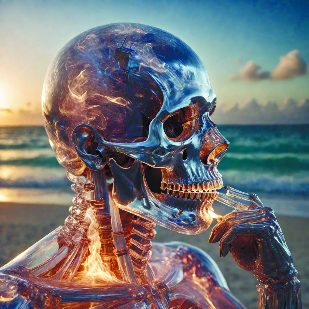 A skeleton is standing near the ocean and thinking.