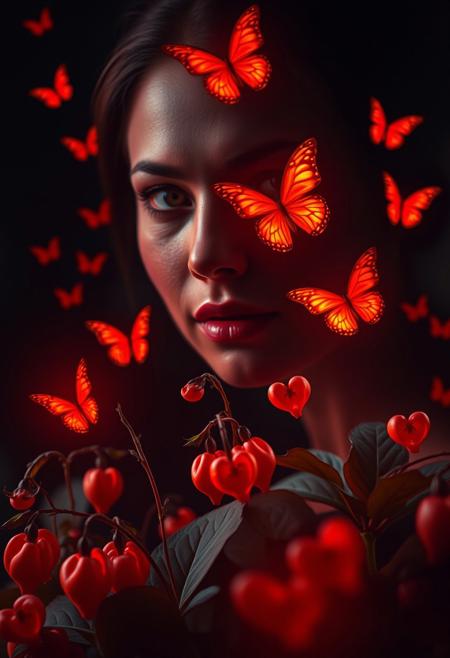 portrait, masterpiece, 4k, ray tracing, intricate details, highly-detailed, hyper-realistic, 8k RAW Editorial Photo.
vibrant orange Bleeding Hearts flowers and glowing red butterflies against a pitch-black background Painterly,  surreal, vibrant glow, bokeh, 8k,
cinematic light, dramatic light, shallow depth of field,  high budget, bokeh, cinemascope, film grain,