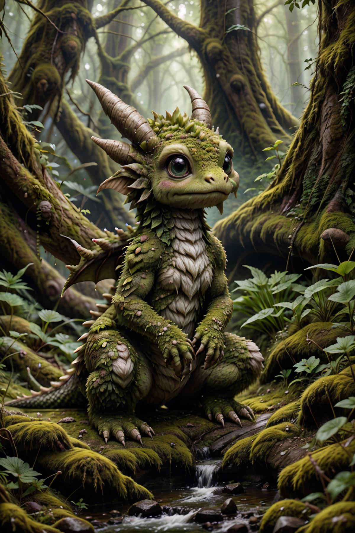A green dragon with horns sitting on a mossy log.