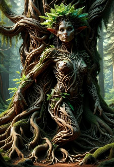 create an image with this prompt.   Create a hyper-realistic scene of a stunningly beautiful female dryad living in a redwood tree,  in 8K resolution with intricate, lifelike textures and fine details. The composition is rendered with photorealistic quality, using advanced lighting, shadows, and reflections to emphasize realism. Every element, from the subject to the background, is crafted with meticulous attention to detail, capturing natural depth, accurate proportions, and true-to-life materials. The atmosphere is immersive and visually arresting, highlighting realistic textures, subtle nuances, and dynamic elements like natural light or motion. The overall effect should feel stunningly lifelike, evoking realism in every aspect.Unreal Engine, photorealistic, hyperrealistic, and visually arresting. Rendered in 8K, hyperrealistic, with fine intricate details.