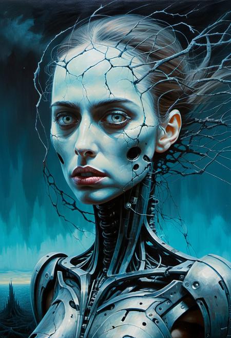 waist up, portrait painting  , dystopian surrealism, deathly fantastical  Nightmare ,Fusion of Nature and Technology, nightmarish, facing camera, Riley Reid, woman,  dynamic pose,  in a "ZdzisÅaw BeksiÅski" style painting ,oil on hardboard <lora:rileyreid_SDXL:0.8>