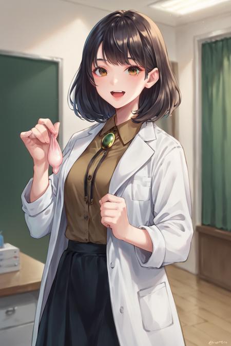 kondo musubu, brown eyes, black hair, medium hair, bangs, brown shirt, dark green skirt, labcoat, black thighhihg, green brooch, black ribbon, 