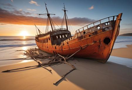 shipwreck, rusted_hull, broken_masts, beach, golden_sunset, waves_crashing, dramatic_skies, solitude
The skeletal remains of a once-grand ship lie half-buried in the sand, its broken masts reaching toward the evening sky like desperate fingers. The waves crash gently against the rusted hull, the setting sun casting long shadows through its fractured remains. In the distance, seagulls circle, their cries blending with the whisper of the tide., 
best_quality, amazing quality, masterpiece, absurdres, highres, subject_focus, depth_of_field, very_detailed, extremely_detailed, ultra_detailed, sharp_focus, clean_lines, high_detail, intricate detail,
photorealistic,
blood orange style
