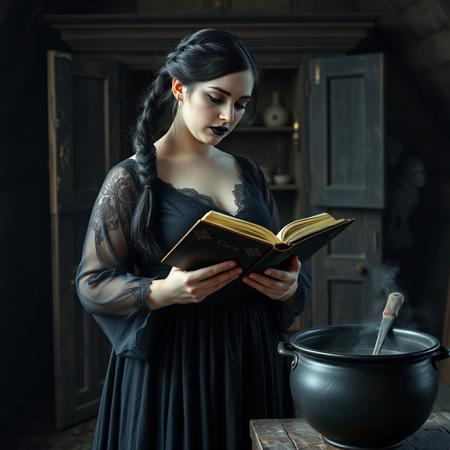 A masterpiece, ultrarealistic, photorealistic portrait of a curvy early 40s woman, with long black hair tied in a loose braid. She has pale imperfect skin, an oval face and black eyes. she is wearing gothic makeup and black lipstick. She is wearing a floor length black dress with lace and transparent arms. She is reading a very old book, stood in a dark and dusty medieval castle room. There are cupboards behind, open and full of ingredients. There is a steel black cauldron next to her, a mixture bubbling away.