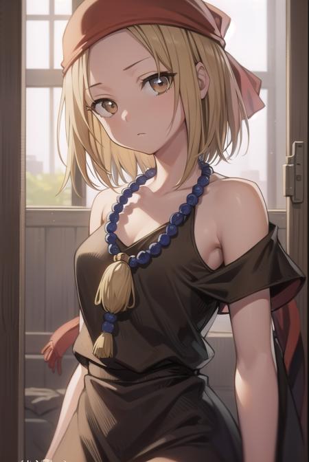 anna kyouyama, blonde hair, short hair, (brown eyes:1.5), bandana, beads, black dress, dress, prayer beads,