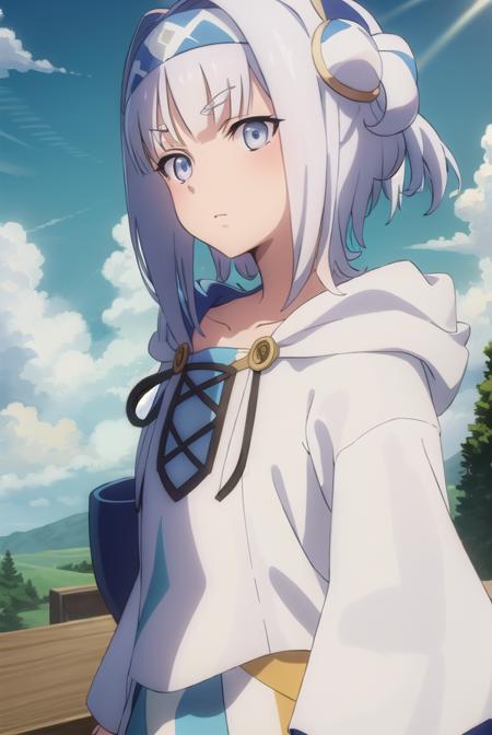 synelokk, <lora:syne lokk s3-lora-nochekaiser:1>,
syne lokk, short hair, bangs, hair ornament, white hair, hairband, side ponytail, (grey eyes:1.3),
BREAK collarbone, hood, cloak,
BREAK outdoors, forest, nature, sky, sun, clouds, trees, grass,
BREAK looking at viewer, (cowboy shot:1.5),
BREAK <lyco:GoodHands-beta2:1>, (masterpiece:1.2), best quality, high resolution, unity 8k wallpaper, (illustration:0.8), (beautiful detailed eyes:1.6), extremely detailed face, perfect lighting, extremely detailed CG, (perfect hands, perfect anatomy),