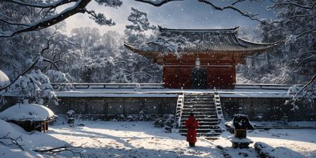 DMD, scene, scenery, snow, tree, outdoors, architecture, east asian architecture, stone lantern, stairs, bare tree, lantern, snowing, statue,