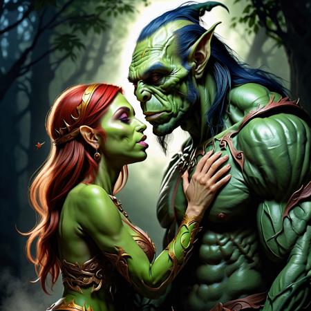 Ultra realistic full body color pencil drawn  portrait of an orc and his elf girlfriend making out.
BREAK
Deep dark intense midnight blue foggy background,
dynamic lighting, (soft shadows), (soft focus),  (photo realistic), uhd, 8k