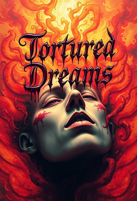 A vivid digital art piece depicting the dreams of a schizophrenic, written above the main focus of the image in bleeding elegant calligraphy lettering are the words "Tortured Dreams"