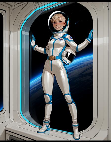 IllustriousQual, detailed face,
tall woman, solo, very short blonde hair, pixie cut, small breasts, long legs, mischievous smile,
wearing a spacesuit and helmet, 
on a space station, posing in an airlock, view of blue planet out of window,
<lora:incaseIllustrious:0.8> incase style,