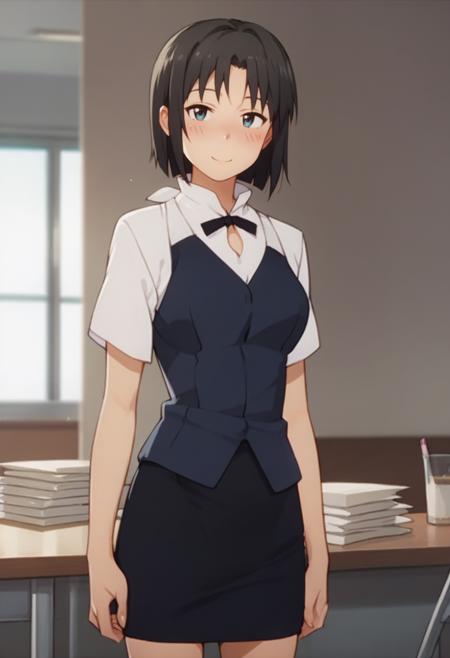 shirafuji kyouko waitress vest bowtie pencil skirt