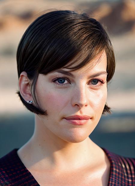 closeup portrait of skswoman, nervous , wearing haute couture , with ash brown A-line haircut , background desert epic (photo, studio lighting, hard light, sony a7, 50 mm, matte skin, pores, colors, hyperdetailed, hyperrealistic), <lyco:Liv TylerV2:1.1>