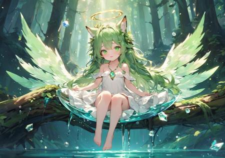 1girl, character focus,
(shiny skin:1.45), (oil highlight:1.2), oil skin, wet,
(round face:1.2), (thick thighs:1.65), (bare legs:1.5), (barefoot:1.2), bare shoulders, crystal necklace,
(crystallized green eyes:1.05), (long hair between eyes:1.4),
(complicated halo:1.2), (light green hair), very long curly hair, ahoge, ([(fox ears:1.05)::2], [(feathered hair wings:1.3):2]), [(feathered hair wings:1.3)::6],
see-through, (white dress, revealing clothes:1.3),
(water reflection of Galaxy:1.2), reflection light,
(deep forest:1.5), beautiful shadow,
growing plants, leaf, (giant branch:1.3), ((complicated branch:0.55|crystallized branch:0.45, complicated forest):1.5),
fractal, twisted branch, (glowing floating leaf:1.4),
giant wood, river, beautiful detailed water,
(night, cosmic void, blue Galaxy:1.24), ((floating crystal:0.85|Galaxy:0.15, Galaxy):1.16),