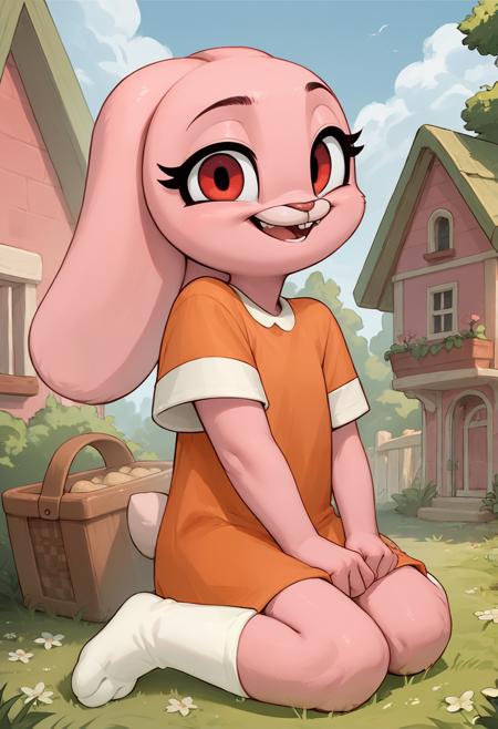 anais gumball, young anthro, rabbit, pink fur, red eyes orange shirt, white knee-high socks