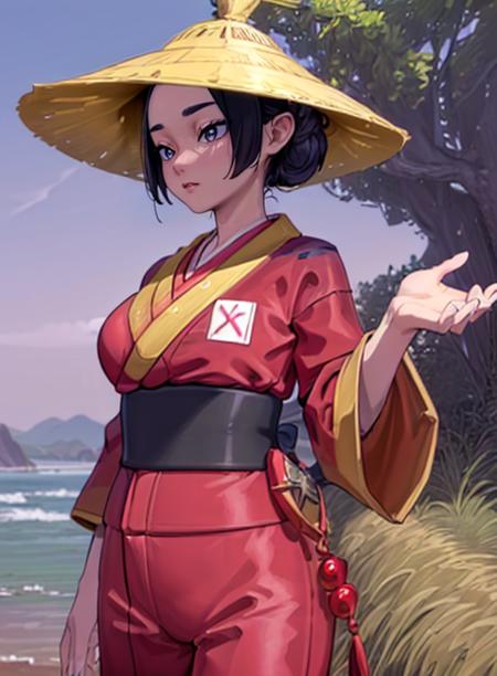 best quality, (masterpiece),(ultra-detailed), (high quality), (high resolution),<lora:add_detail:0.5> , <lora:wandapkm-10:0.7>,wanda,black hair, single hair bun, large breasts,kimono, pants,hat,upper body,