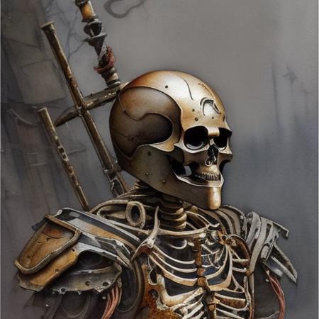 Evang, a watercolor painting of a skeleton warrior with rusting damaged armor, head has cracks on the side of it, concept art, fantasy horror art, detailed metal armor