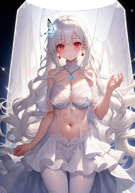 1girl,Red eyes,White hair,Long hair,wavy_hair,necklace,Skin as smooth as milk,Diamond earrings,languor,Isekai,Luminous butterfly,white navel dress, starry sky,Summon circle,(Large:1.1 tear),expressionless,(white shiny (transparency:1.6) crotchless pantyhose)