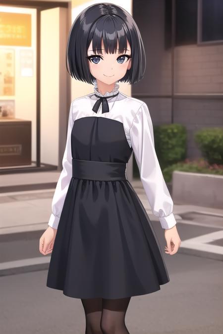 Jinguuji Maya short hair,black hair,bob cut,blunt bangs,black eyes neck ribbon,black ribbon,white shirt,black dress,long dress,shirt under dress,black bow,long sleeves,flat chest,black pantyhose,white footwear