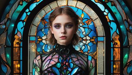 stained glass style, full body photo of a 18yo girl, heavy make up, well-litt, , model face, by tim burton,
vibrant, beautiful, translucent, intricate, detailed
