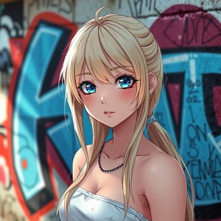 A anime girl with blonde hair and blue eyes in front of graffiti, octane rendering, unreal engine 5, beautiful women, 32k uhd, realistic scenery, charming characters, pop culture, shiny