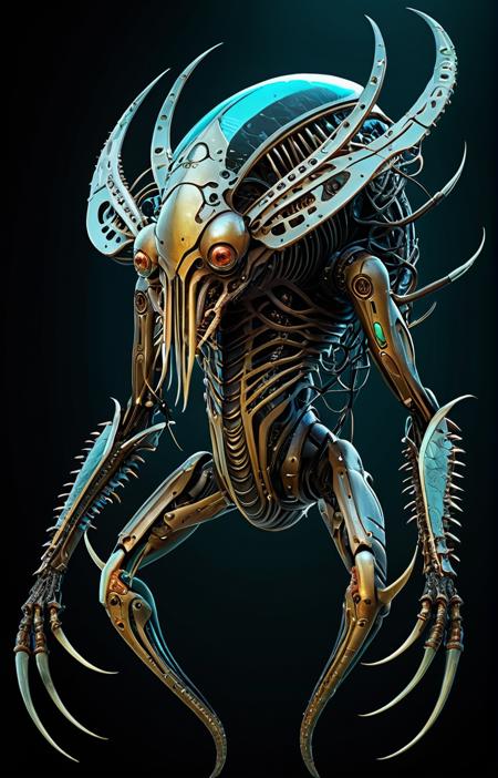 biomechanical cyberpunk huge aquatic extraterrestrial insectoid with spiked tentacles,. cybernetics,human-machine fusion,dystopian,organic meets artificial,dark,intricate,highly detailed
