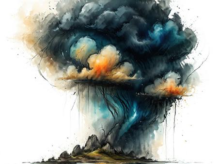 landscape scenery, watercolor and ink style, white background, artistic and abstract, key visual, ink painting art, vibrant colors, minimalism, soft brush strokes, thunderstorm  <lora:Cute_Drawing:0.8> <lora:hyperkraximalism_v1-1:0.8>