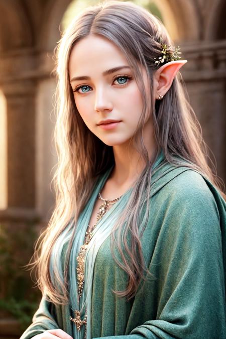 (detailed face, detailed eyes, clear skin, clear eyes), lotr, fantasy, elf, female, full body, looking at viewer, portrait, photography, detailed skin, realistic, photo-realistic, 8k, highly detailed, full length frame, High detail RAW color art, piercing, diffused soft lighting, shallow depth of field, sharp focus, hyperrealism, cinematic lighting