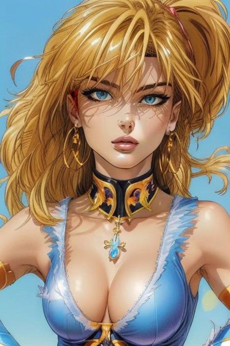 2d artwork ,3/4 view, a gorgeous woman, (upper body:1.5), perfectly drawn hands, (elegant pose:1.3),<lora:Liefeld:0.7>, breathtaking background,